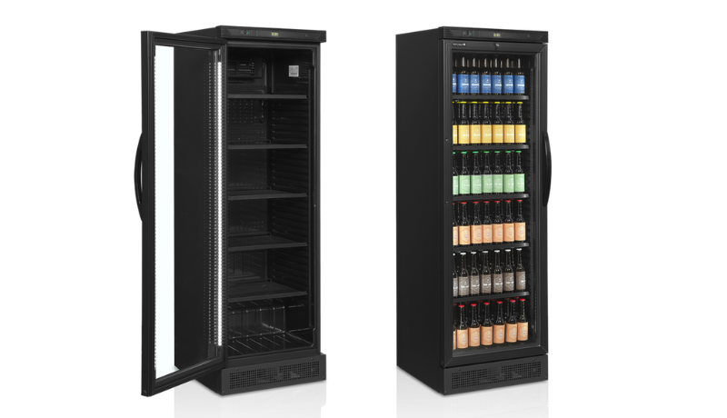 Display coolers with left hinged doors